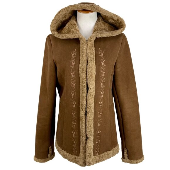 Vtg 90s Esprit Brown Faux Suede Sherpa Lined Embroidered Hooded Jacket | Boho M - Picture 2 of 16